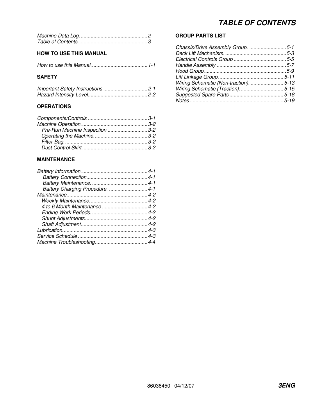 Windsor 10027100, L20T, 10027110 manual Table of Contents 