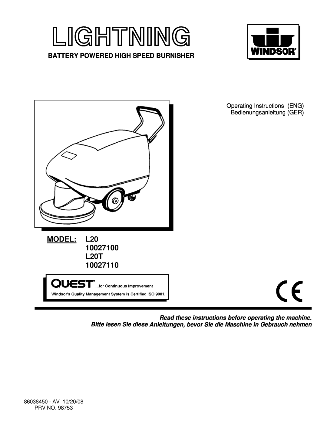 Windsor 10027110 manual Battery Powered High Speed Burnisher, Lightning, MODEL L20 10027100 L20T 