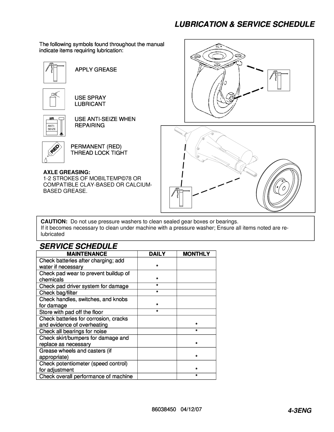 Windsor 10027100, L20T, 10027110 manual Lubrication & Service Schedule, 4-3ENG, Axle Greasing, Maintenance, Daily, Monthly 