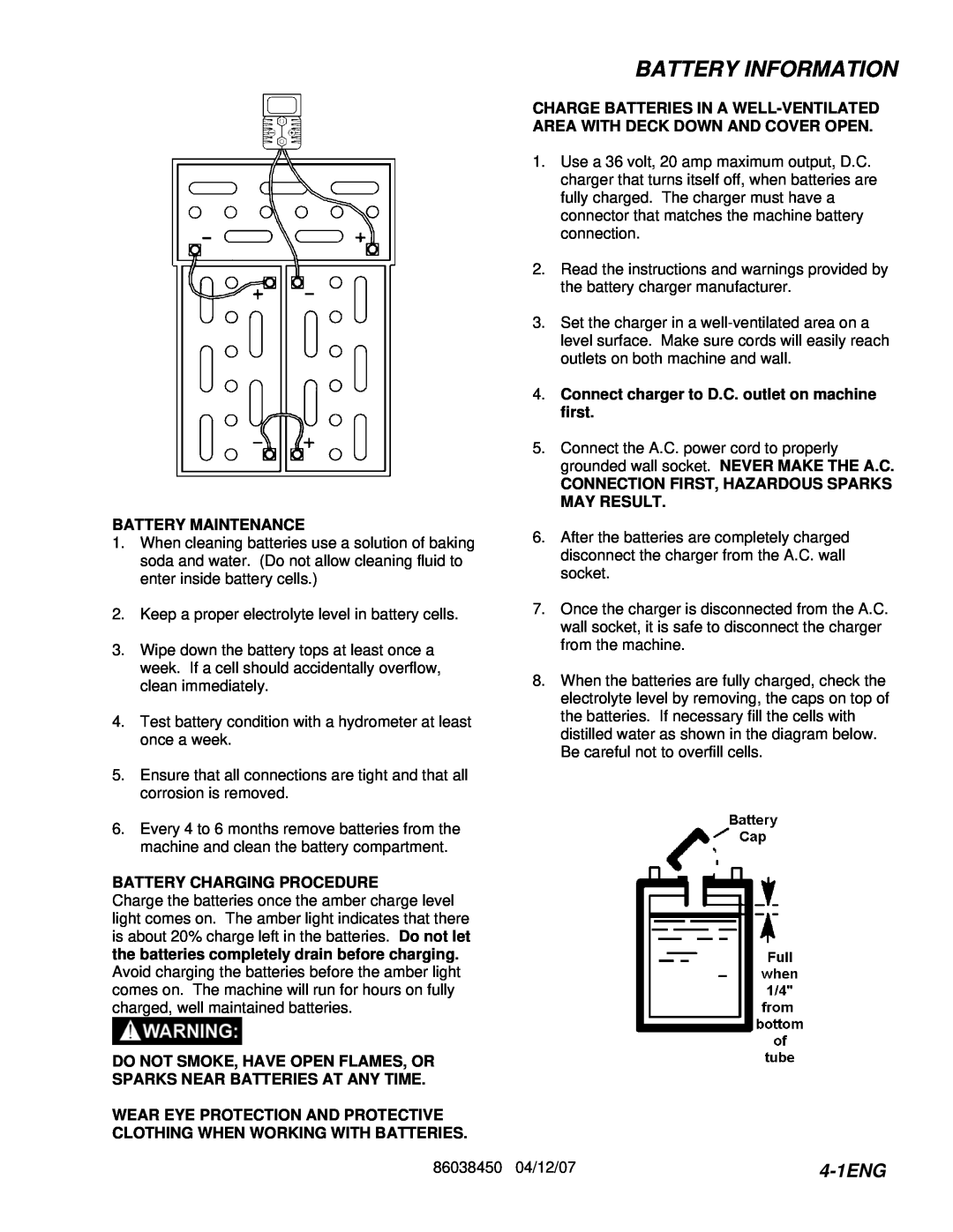 Windsor L20T, 10027110, 10027100 manual Battery Information, 4-1ENG, Battery Maintenance, Battery Charging Procedure 