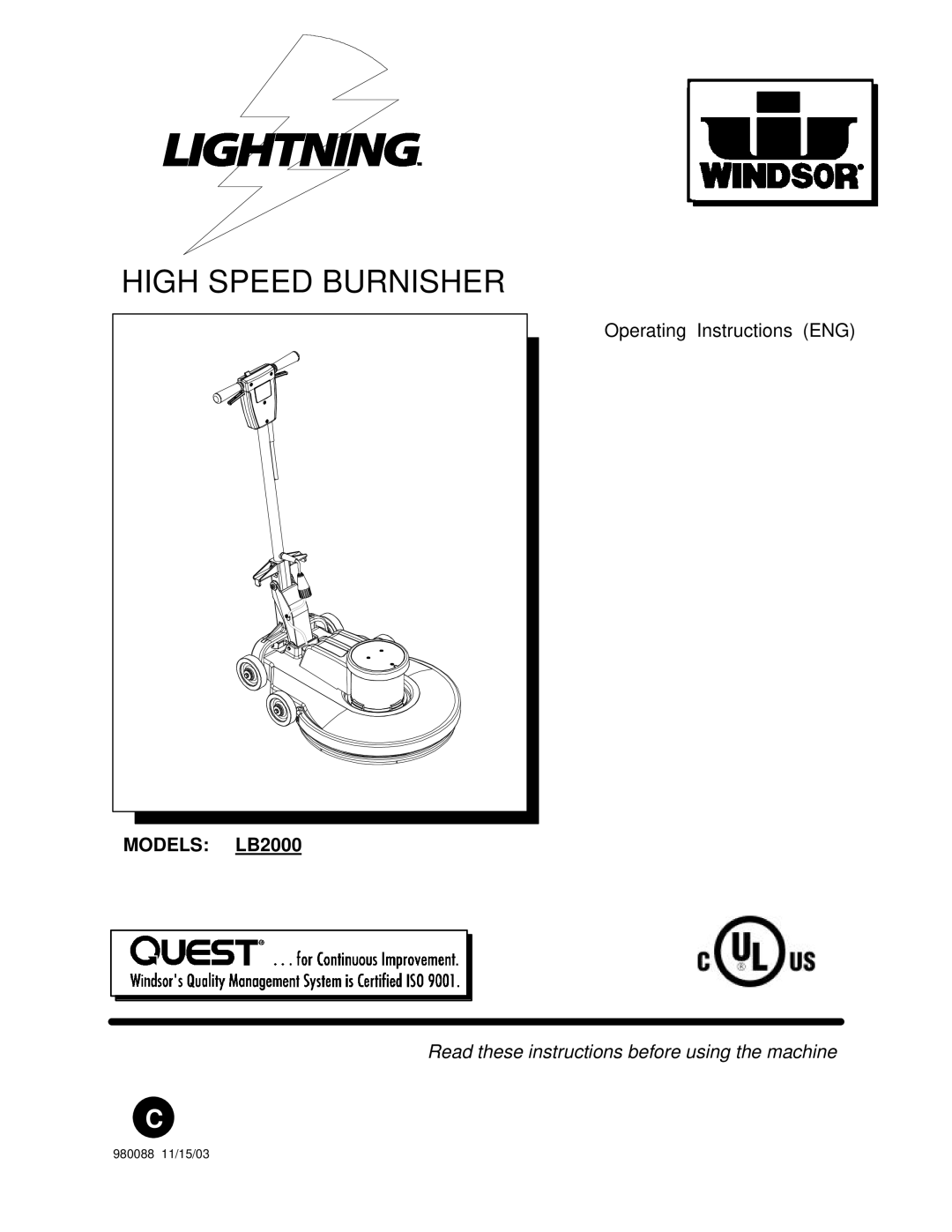 Windsor LB2000 manual High Speed Burnisher 