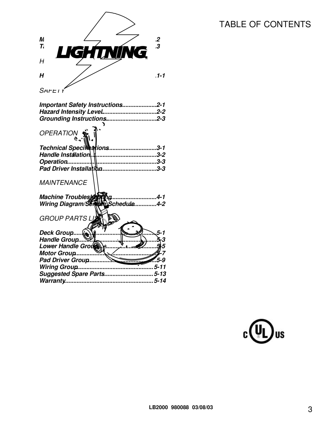 Windsor LB2000 manual Table of Contents 