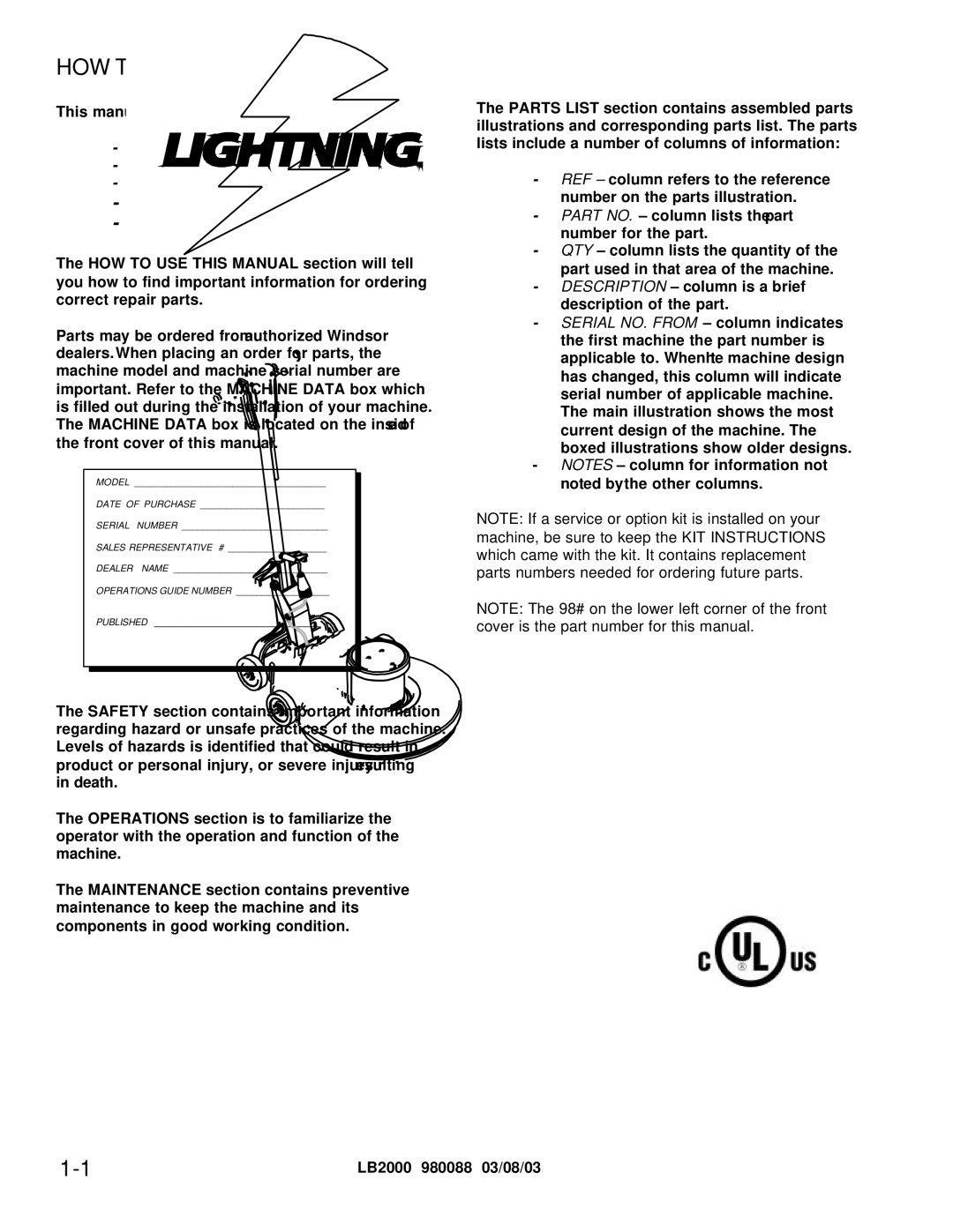 Windsor LB2000 manual HOW to USE this Manual, Model 