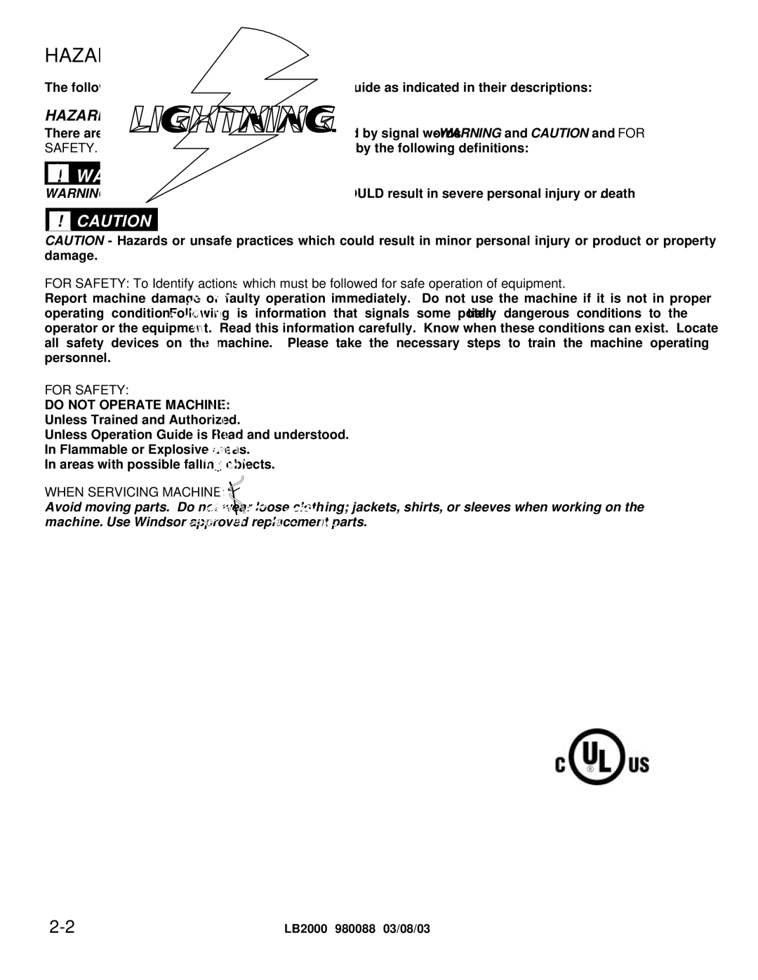 Windsor LB2000 manual Hazard Intensity Level 