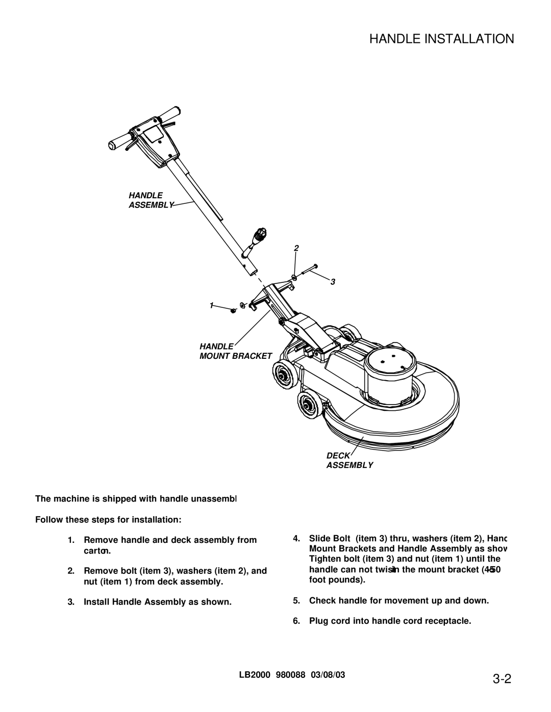 Windsor LB2000 manual Handle Installation 