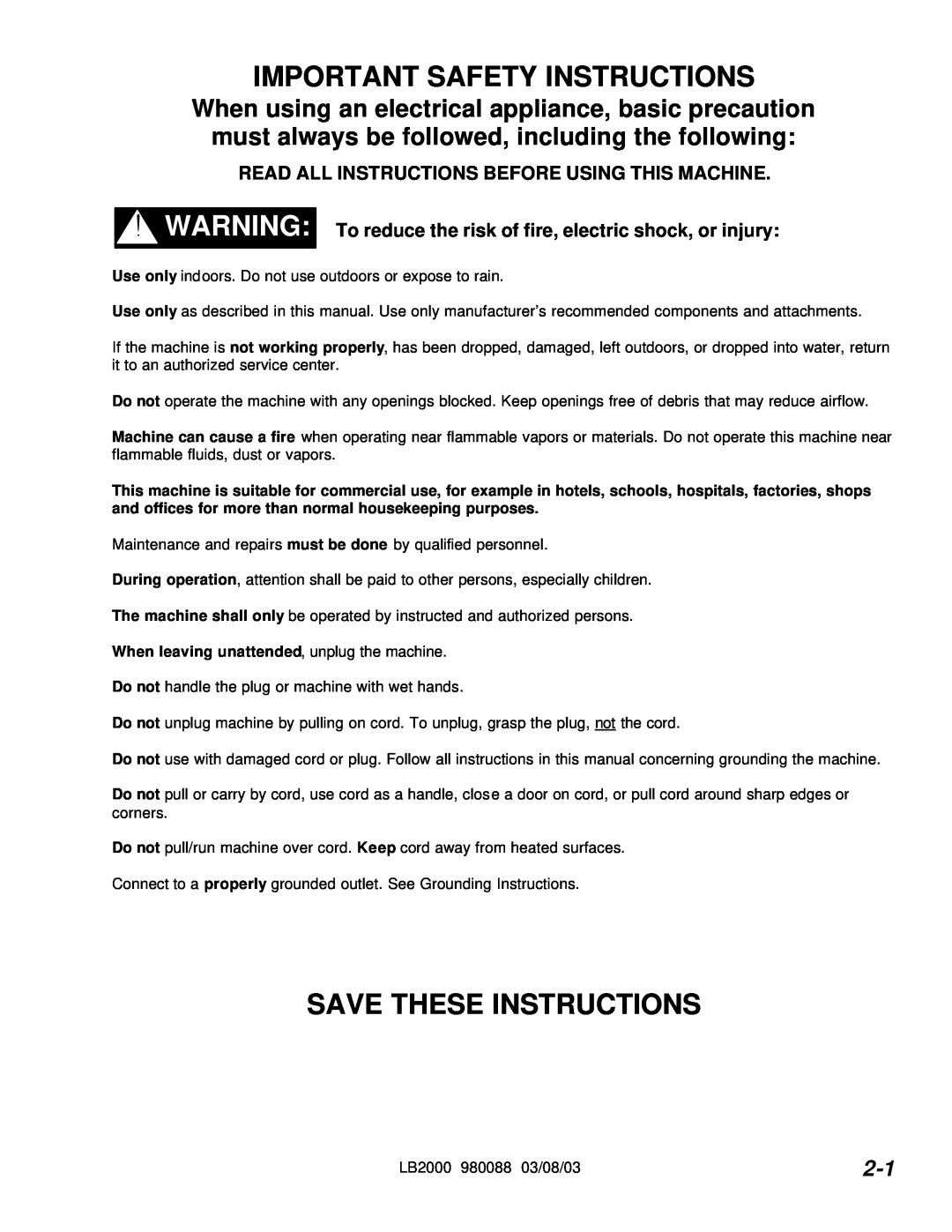 Windsor LB2000 Important Safety Instructions, Save These Instructions, Read All Instructions Before Using This Machine 