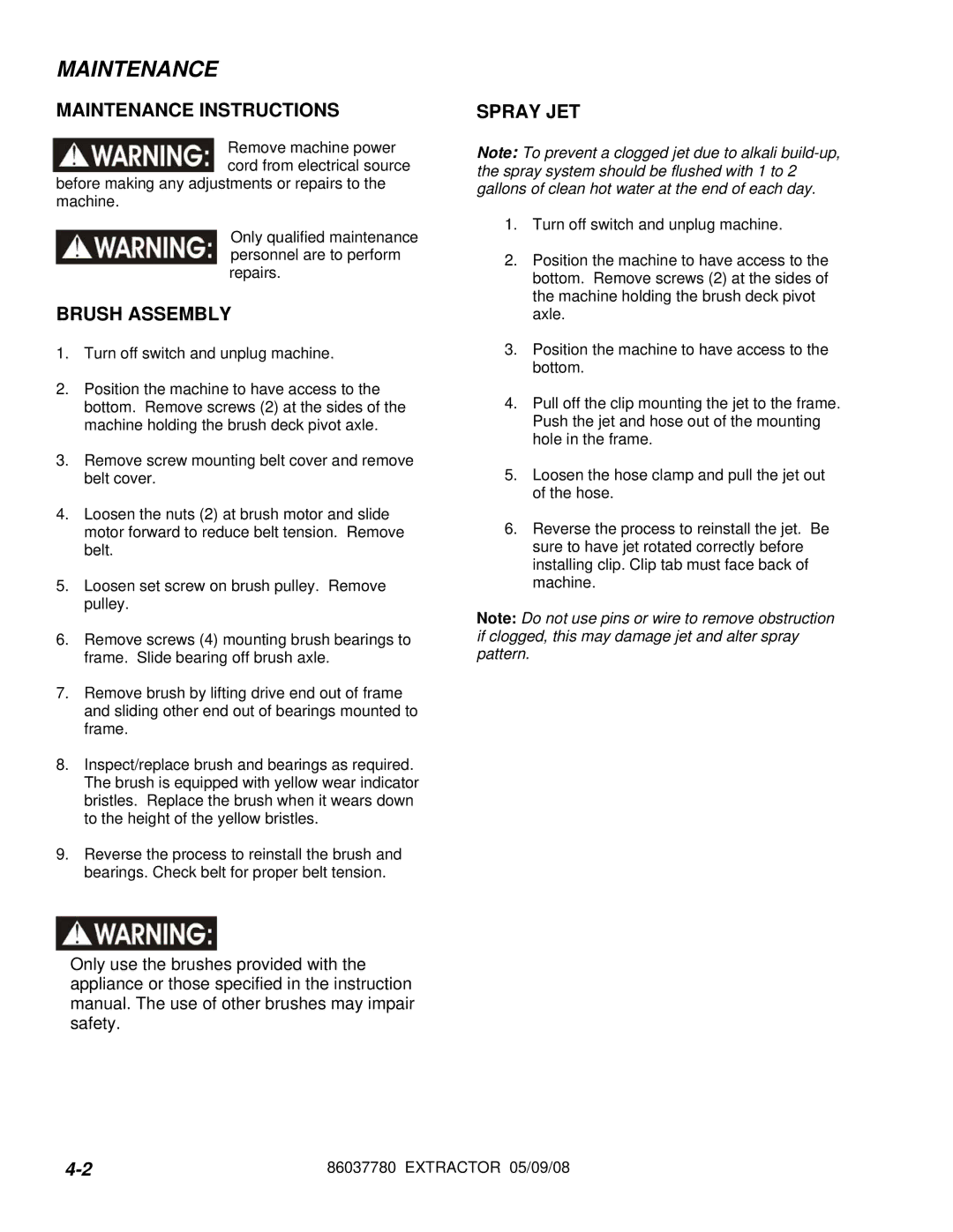 Windsor MPRO GB 10080410, MPRO AU 10080420, MPRO 10080390 manual Maintenance Instructions, Brush Assembly, Spray JET 