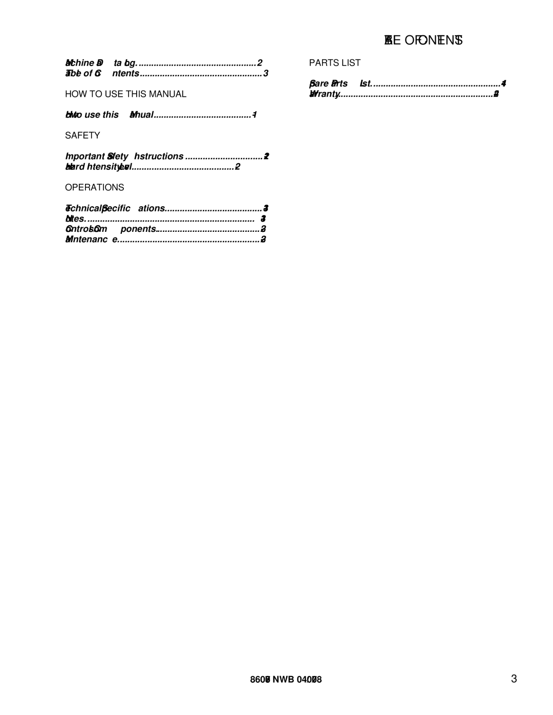 Windsor NWB 86284220 manual Table of Contents 