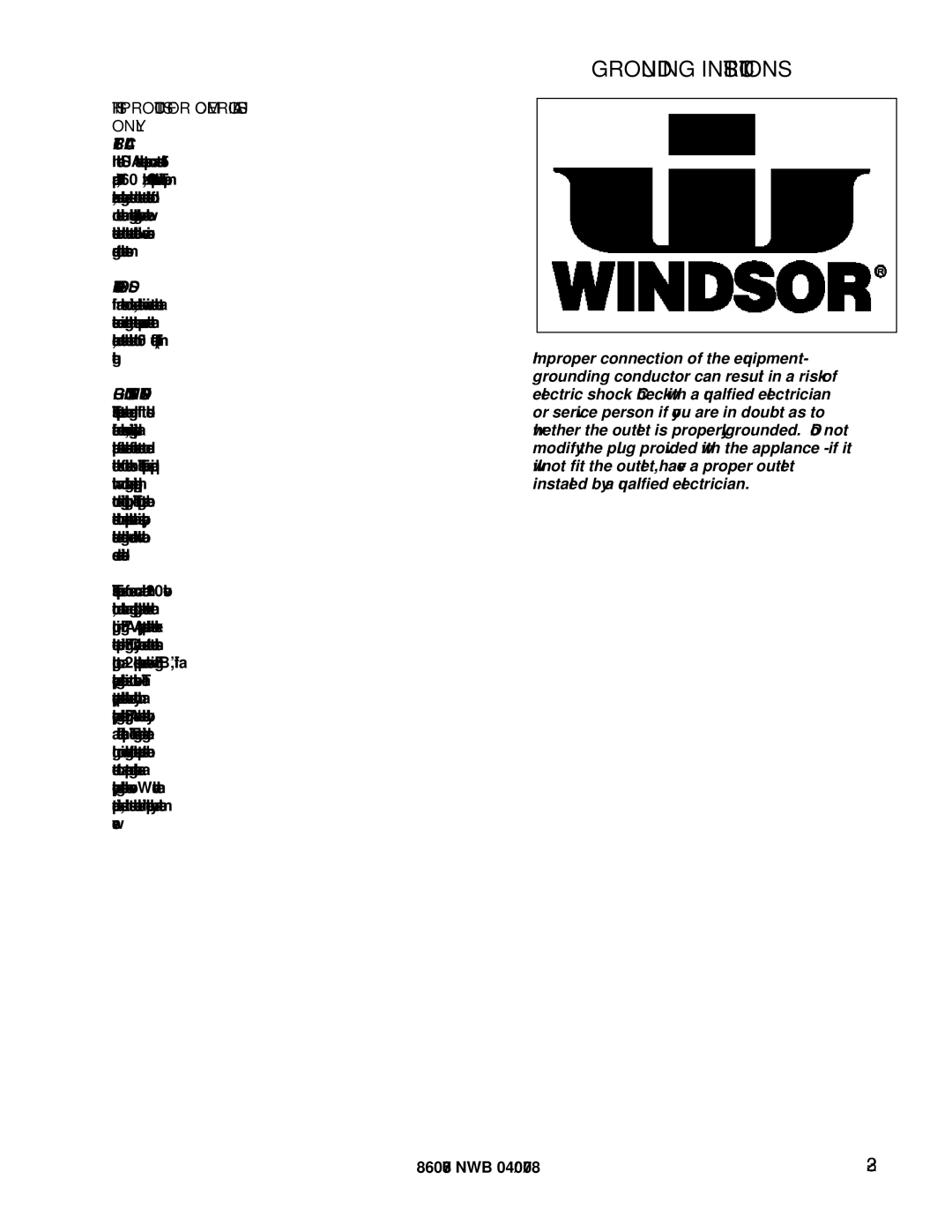 Windsor NWB 86284220 manual Grounding Instructions, Electrical, Extension Cords 