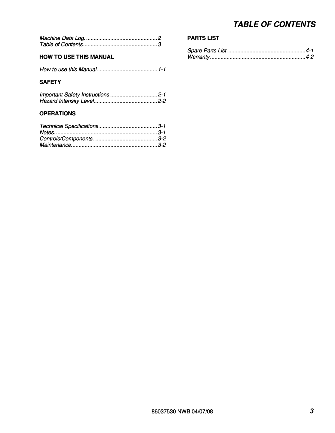 Windsor NWB 86284220 manual Table Of Contents, Parts List, How To Use This Manual, Safety, Operations 