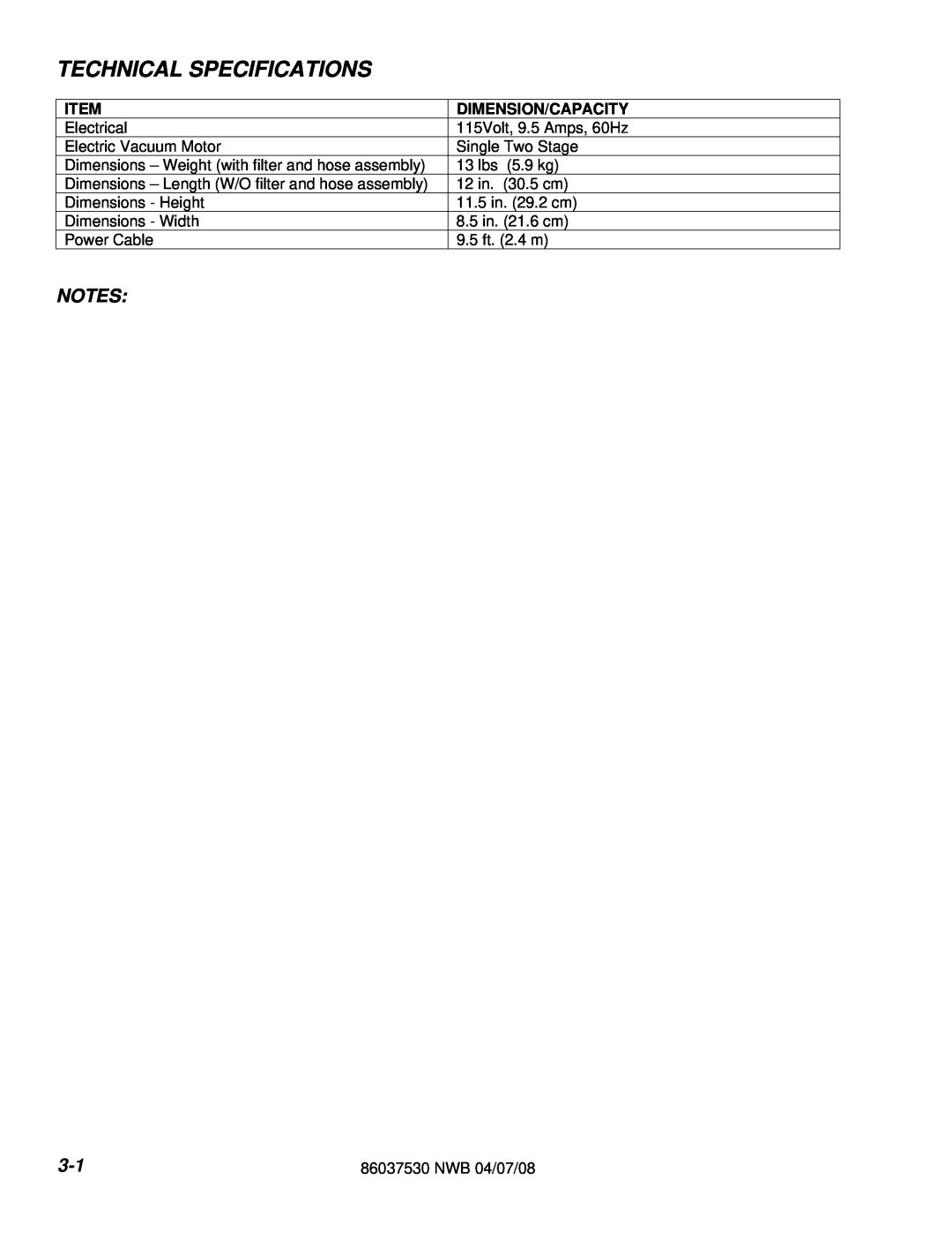 Windsor NWB 86284220 manual Technical Specifications, Dimension/Capacity 