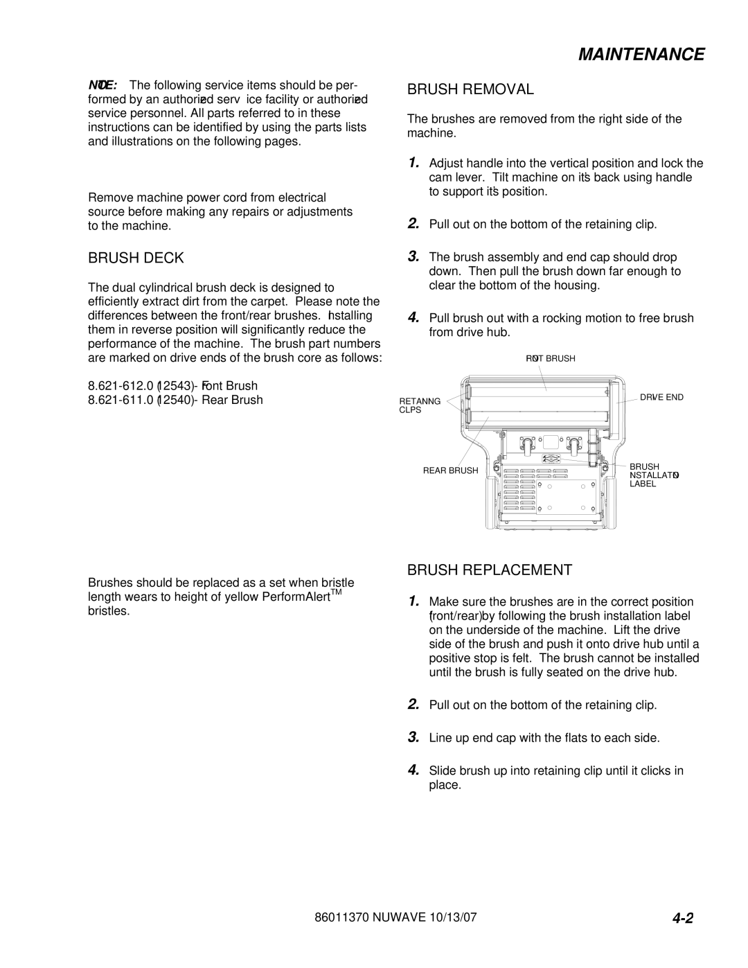 Windsor NWIFE 10125340, NW 10125330, NUWAV AU 10125360 manual Brush Deck, Brush Removal, Brush Replacement 