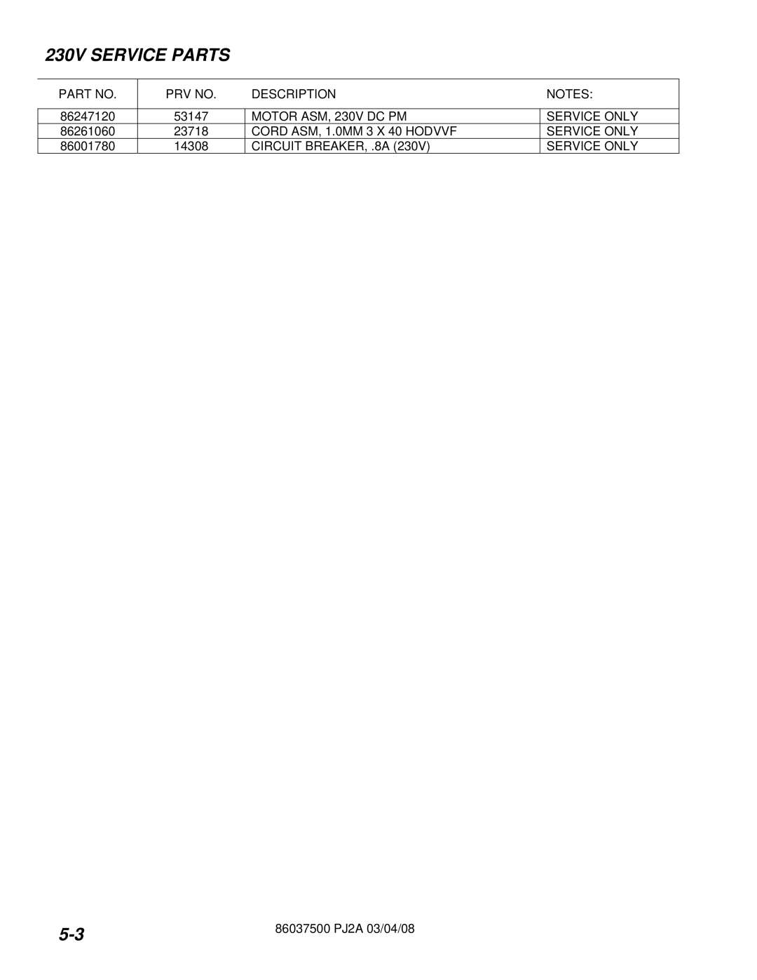 Windsor PJ2AIE operating instructions 230V Service Parts 