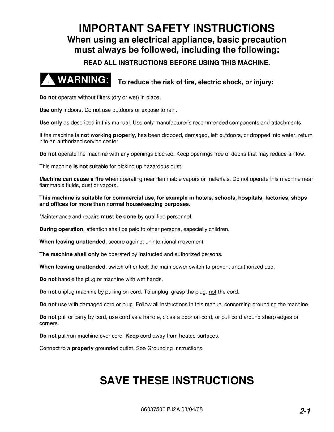 Windsor PJ2AIE operating instructions Important Safety Instructions, Read ALL Instructions Before Using this Machine 