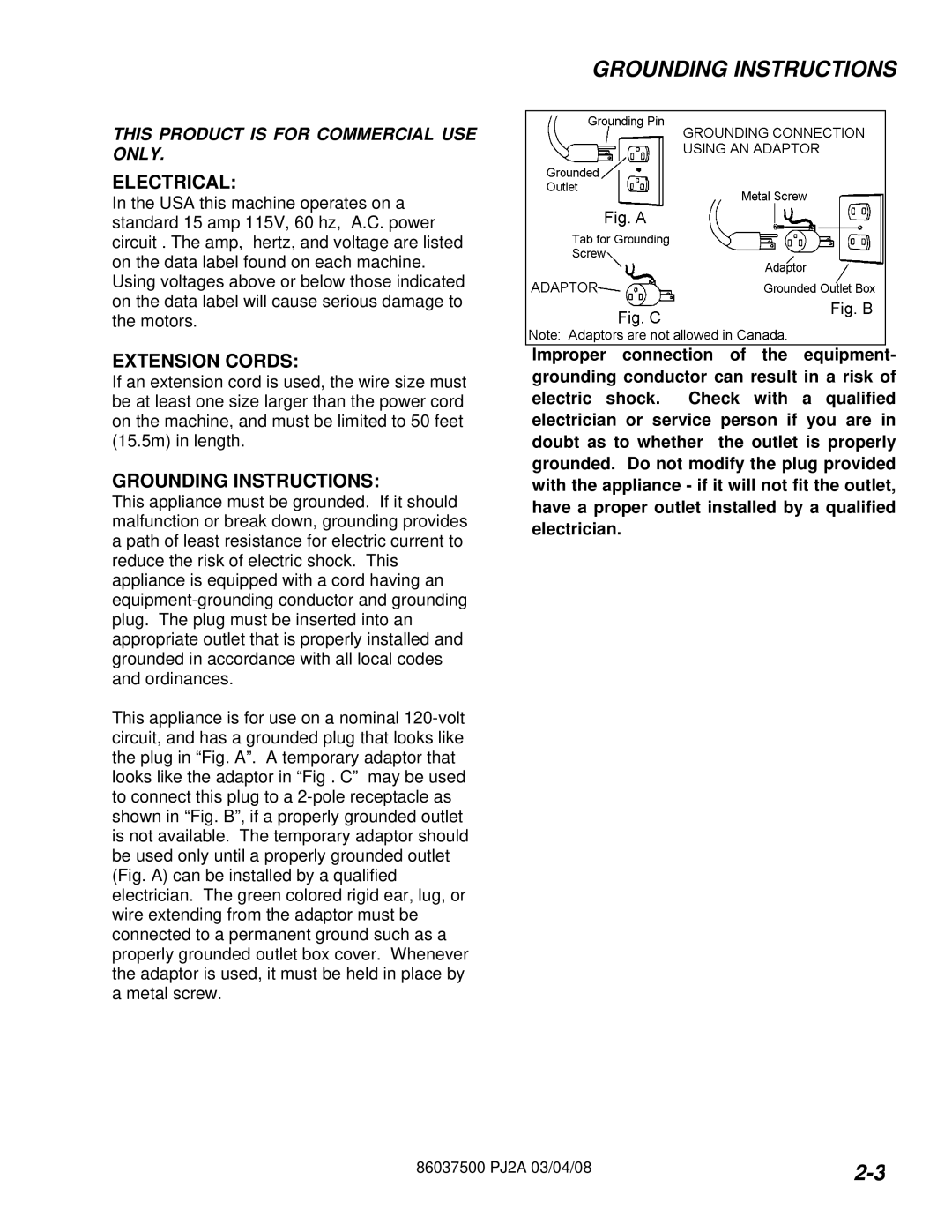 Windsor PJ2AIE operating instructions Grounding Instructions, Electrical, Extension Cords 