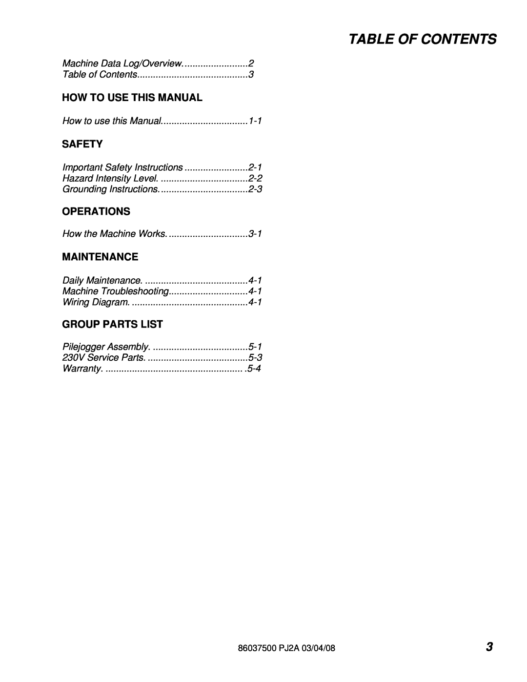 Windsor PJ2AIE Table Of Contents, How To Use This Manual, Safety, Operations, Maintenance, Group Parts List 