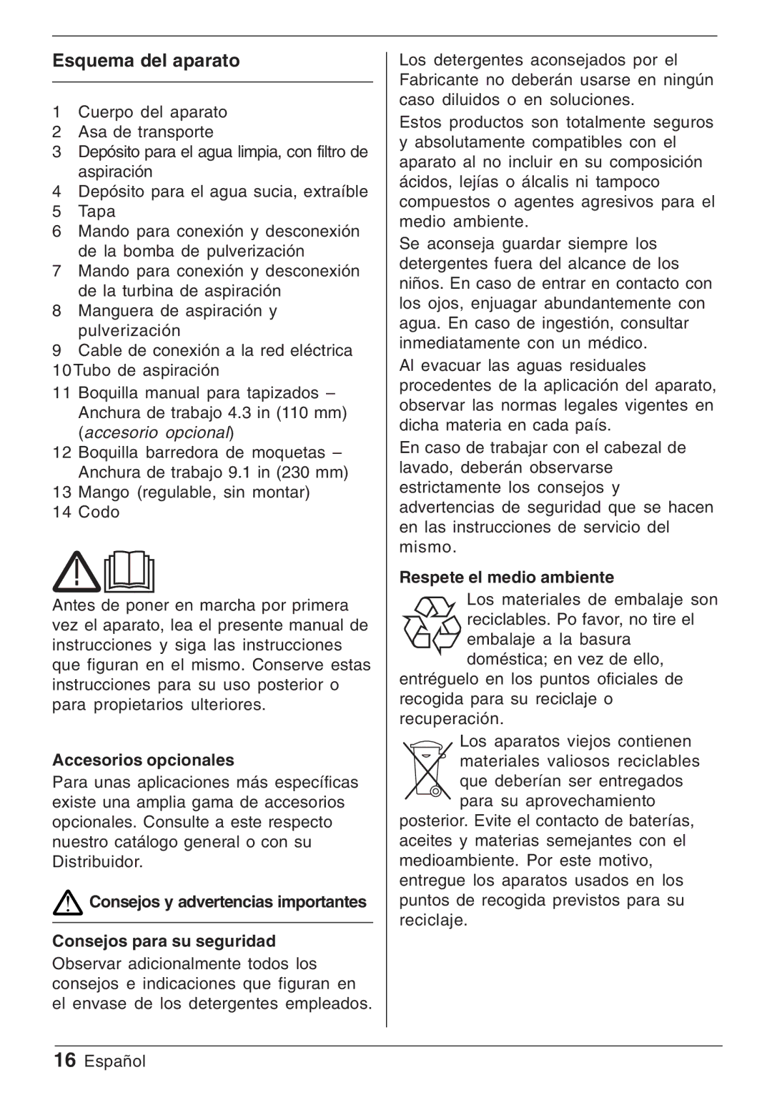 Windsor Priza manual Esquema del aparato, Accesorios opcionales, Respete el medio ambiente 