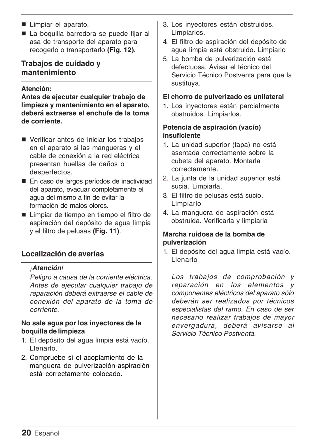 Windsor Priza manual Trabajos de cuidado y mantenimiento, Localización de averías 