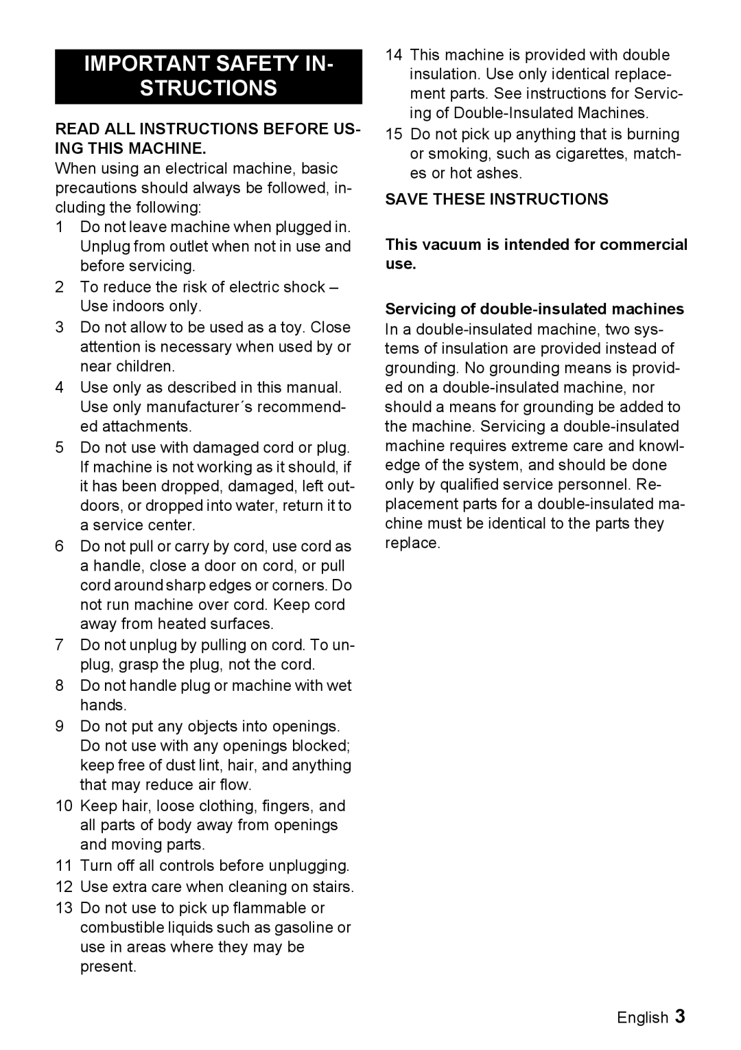 Windsor Priza manual Important Safety Structions 