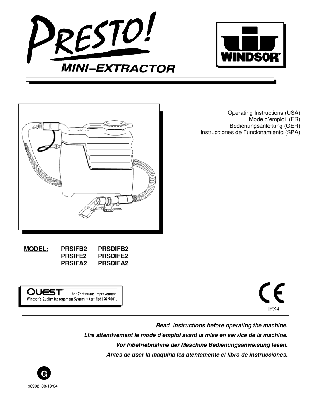 Windsor PRS2, PRSD2 operating instructions Model PRSIFB2 PRSDIFB2 PRSIFE2 PRSDIFE2 PRSIFA2 PRSDIFA2 