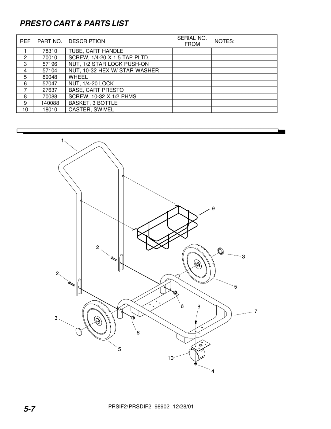 Windsor PRSD2, PRS2 operating instructions Presto Cart & Parts List 