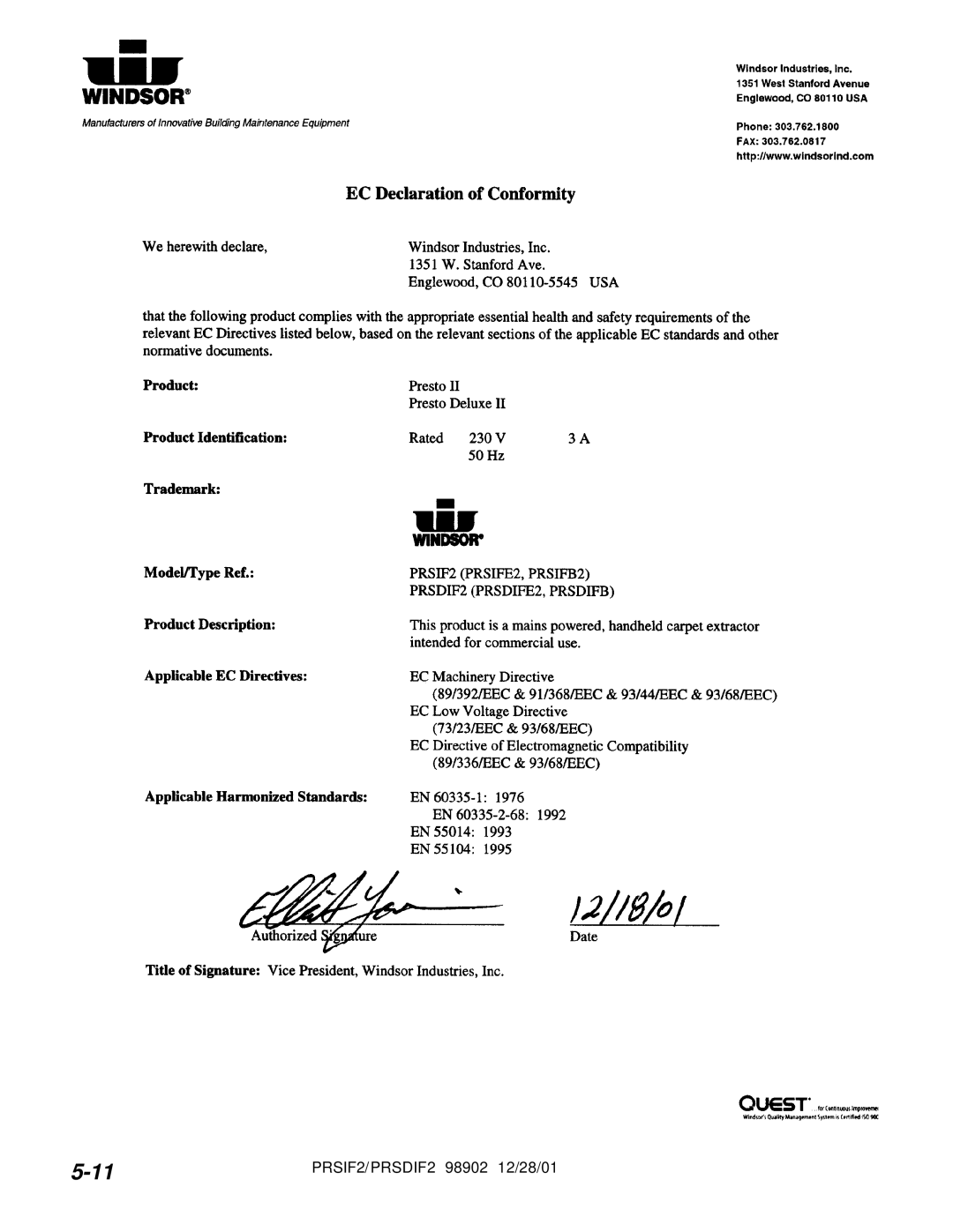 Windsor PRSD2, PRS2 operating instructions PRSIF2/PRSDIF2 98902 12/28/01 