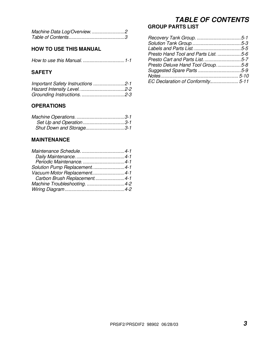 Windsor PRS2, PRSD2 operating instructions Table of Contents 