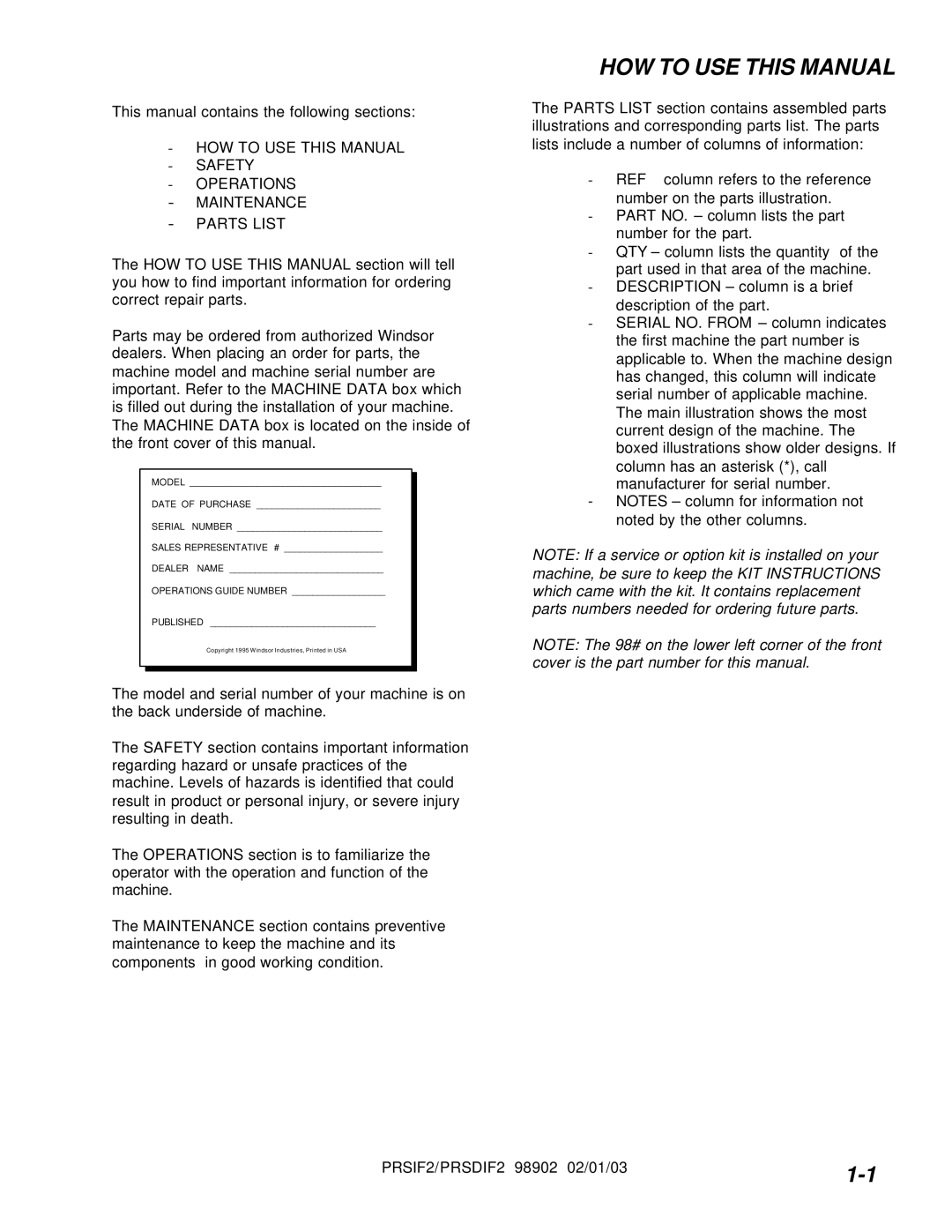 Windsor PRS2, PRSD2 operating instructions HOW to USE this Manual, Model 