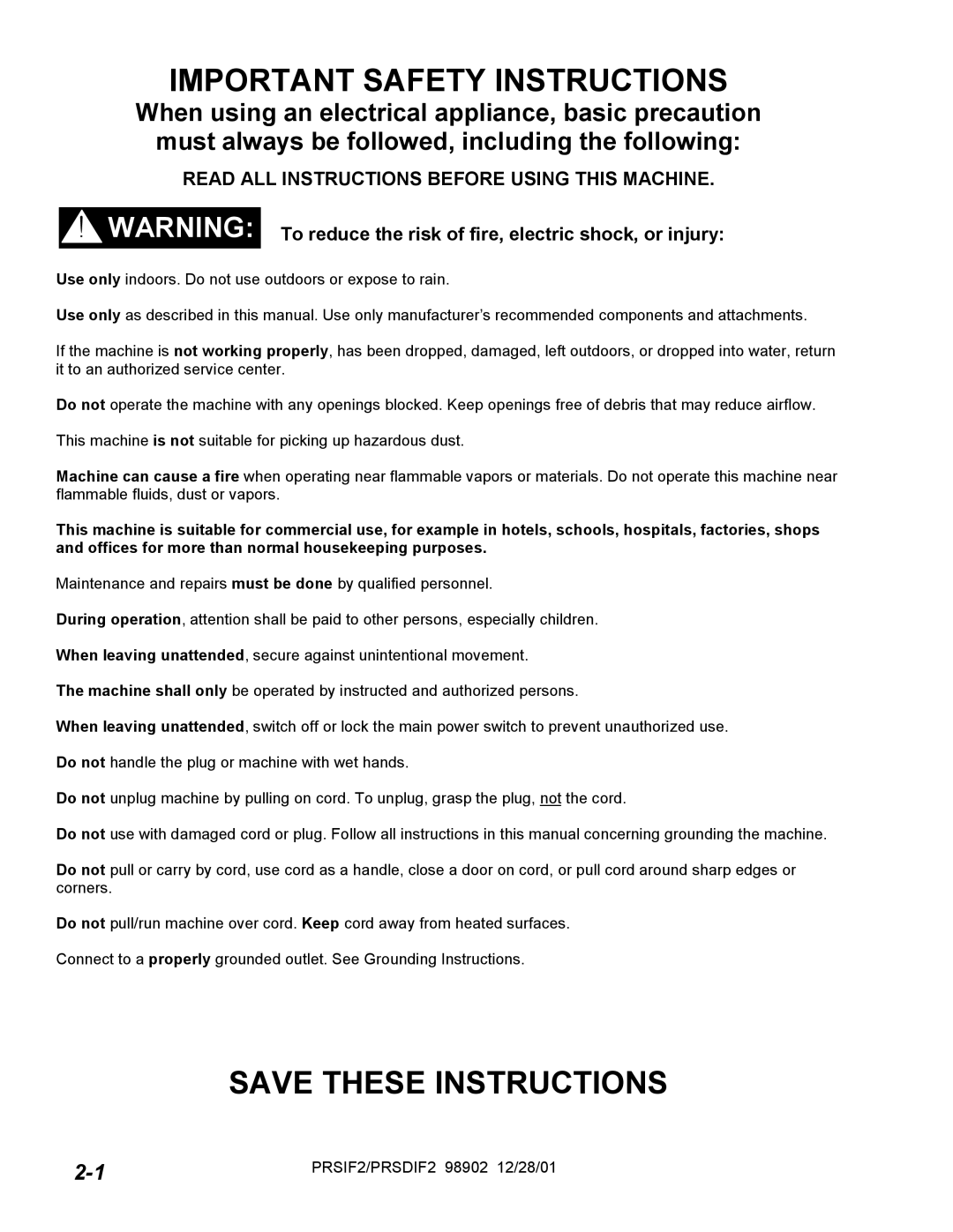 Windsor PRSD2, PRS2 operating instructions Important Safety Instructions, Read ALL Instructions Before Using this Machine 