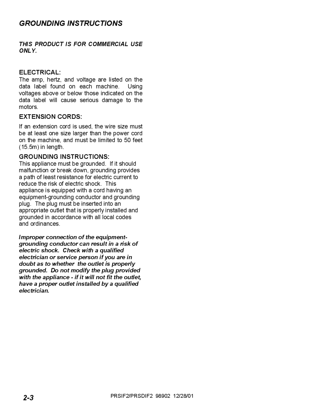 Windsor PRSD2, PRS2 operating instructions Grounding Instructions, Electrical, Extension Cords 