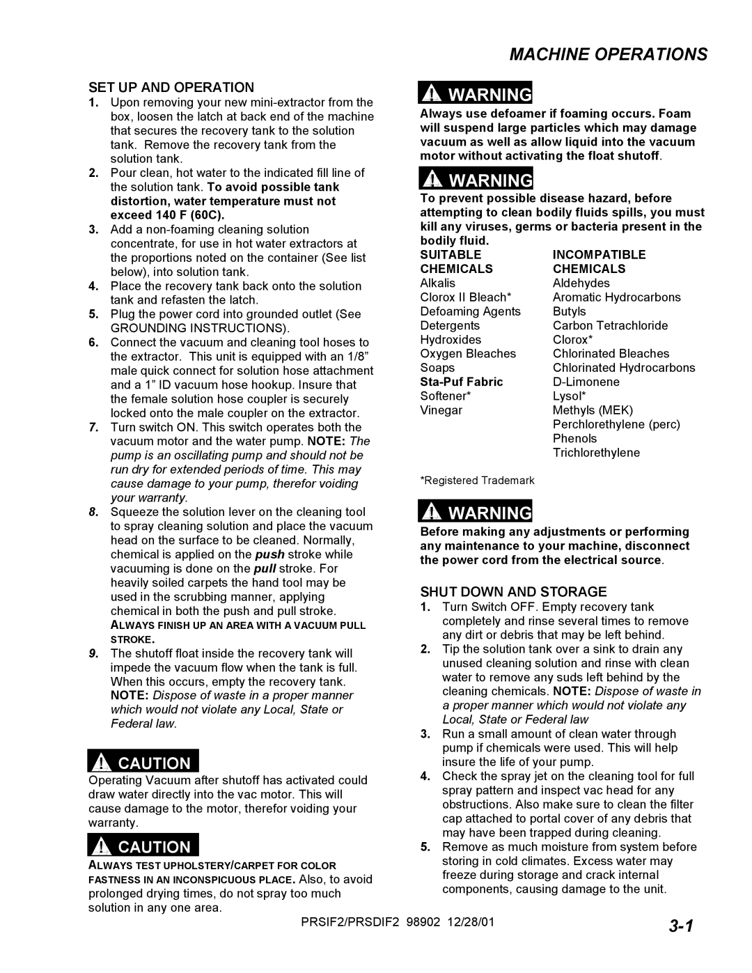 Windsor PRS2, PRSD2 operating instructions Machine Operations, SET UP and Operation 