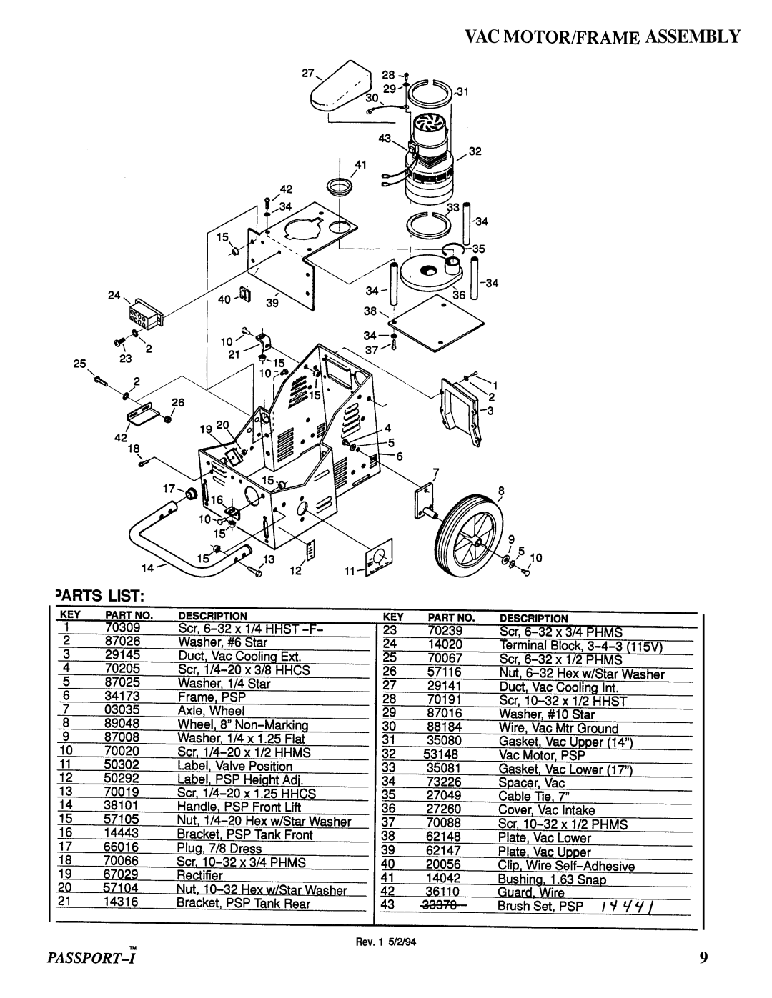 Windsor PSP-IG manual Vac Motorbrame Assembly, Passport-Y, Arts List, Rev. 1 5/2/94 