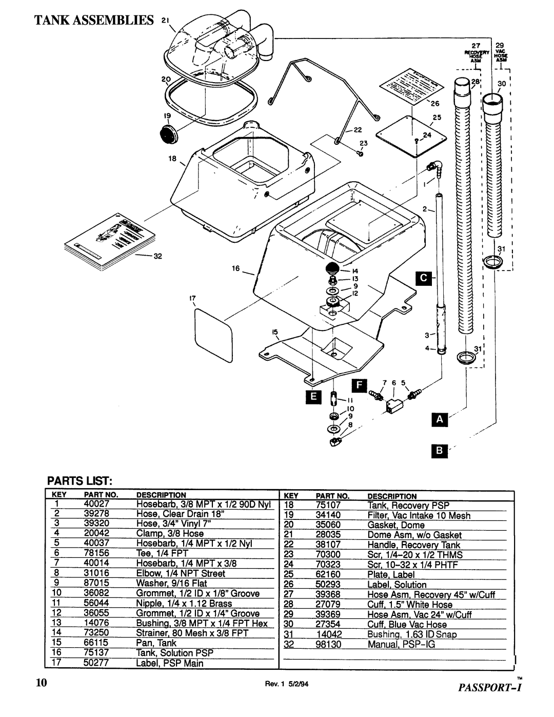 Windsor PSP-IG manual Tank Assemblies, Parts List, Passport-I, Rev.1 5/2/94 