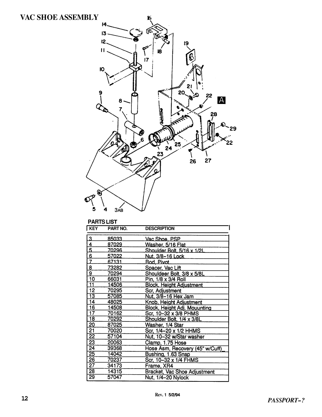 Windsor PSP-IG manual Vac Shoe Assembly, Passport-?, Parts List, Ikey Part No, Description, Rev. 1 5/2/94 