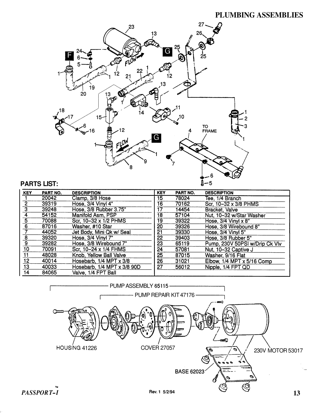 Windsor PSP-IG manual Plumbing Assemblies, Parts List, Passpor T-I, Rew.1 5/2/94 