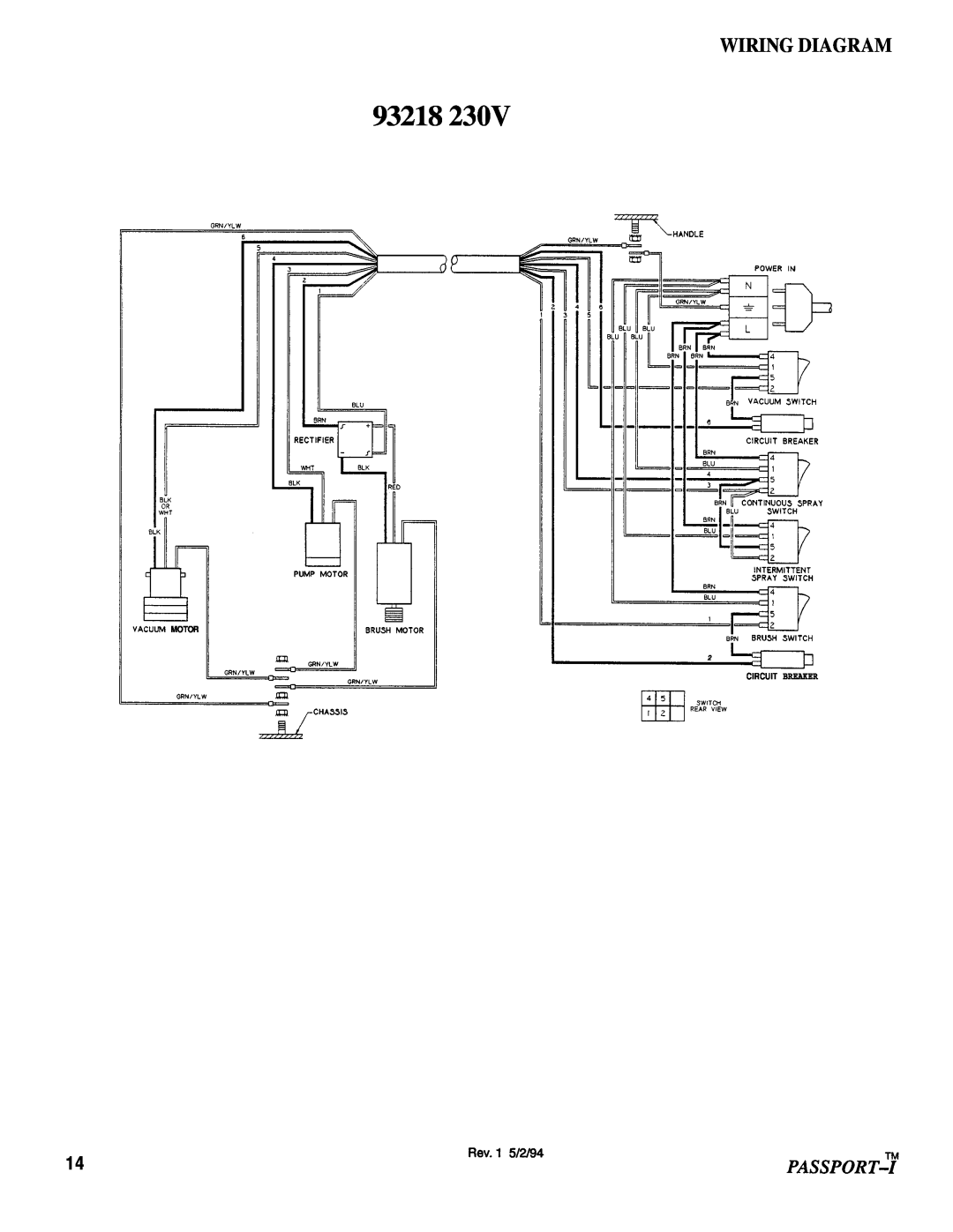 Windsor PSP-IG manual 93218, Wiring Diagram, Passport, Rev.1 5/2/94, Circuit Breaker, Vacuvm Motor, Grniylw 