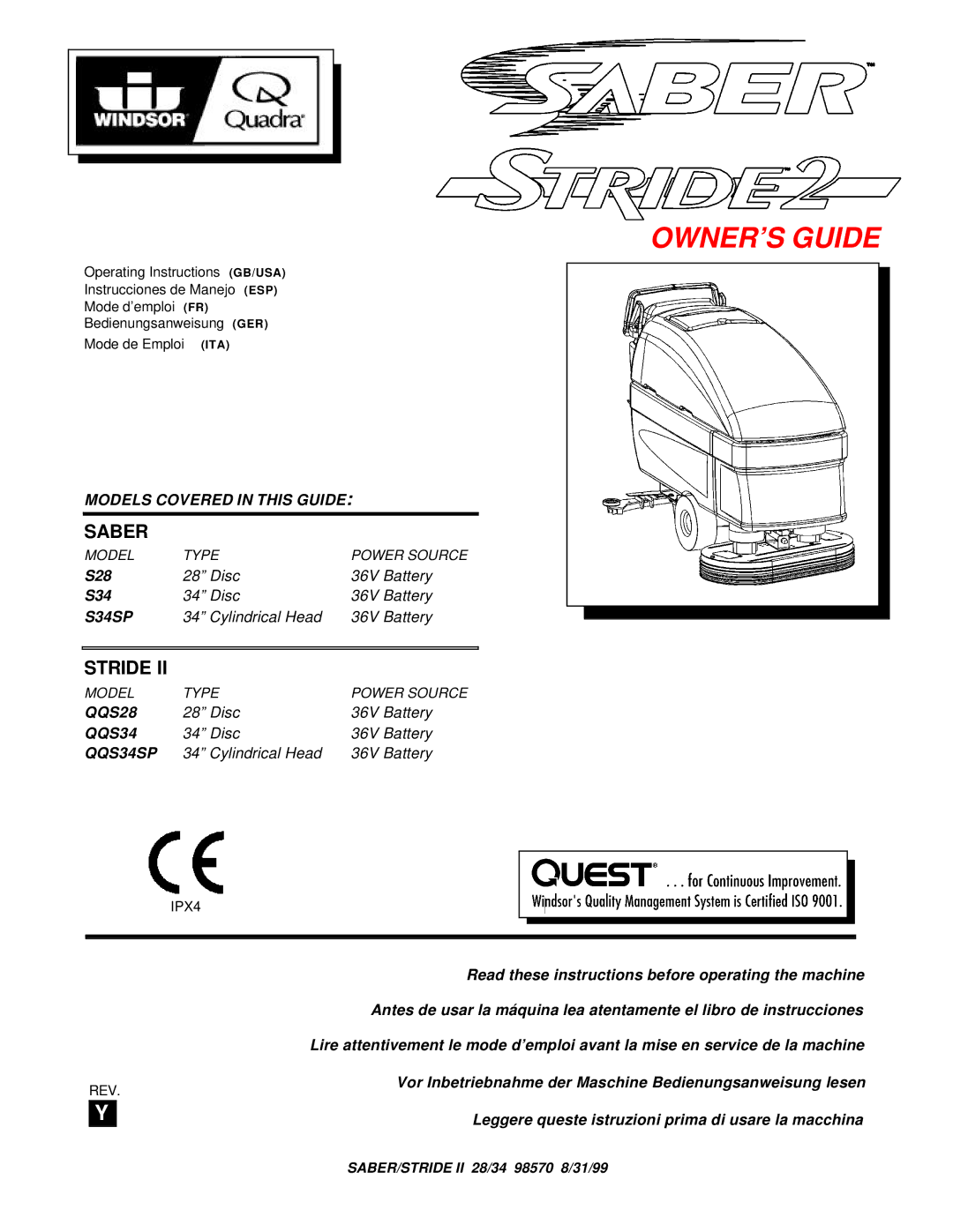 Windsor QQS34SP, QQS28 operating instructions Saber, Stride 