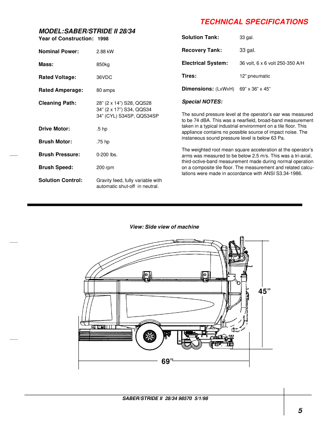 Windsor QQS28, QQS34SP operating instructions Technical Specifications, MODELSABER/STRIDE II 28/34 