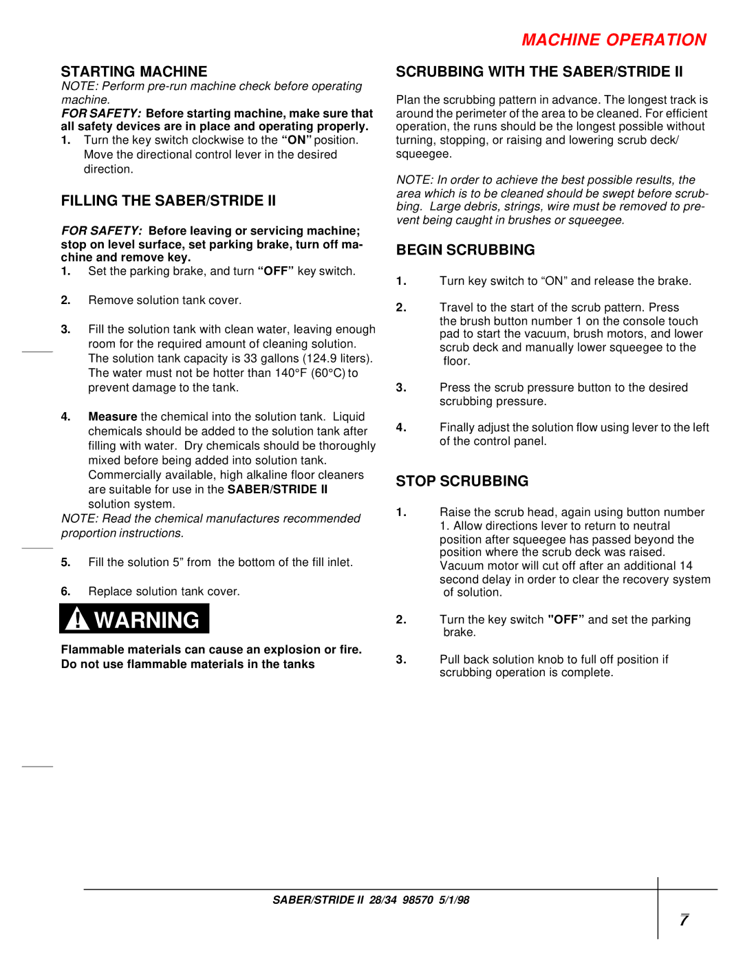 Windsor QQS34SP, QQS28 operating instructions Machine Operation 