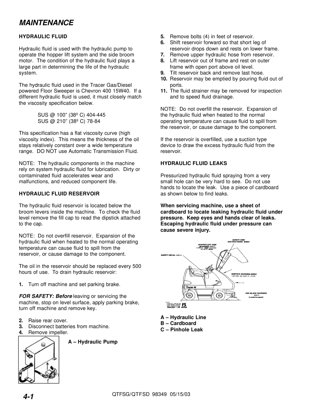 Windsor QTFSG, QTFSD manual Maintenance, Hydraulic Fluid Reservoir, Hydraulic Pump, Hydraulic Fluid Leaks 