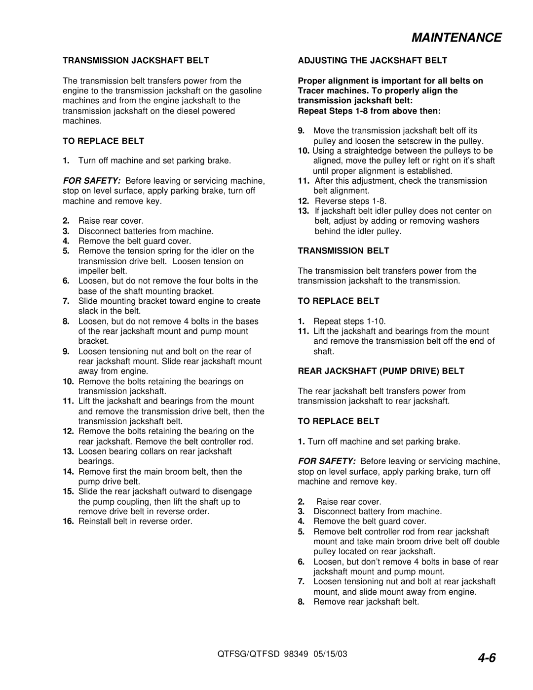 Windsor QTFSD, QTFSG manual Transmission Jackshaft Belt, To Replace Belt, Adjusting the Jackshaft Belt, Transmission Belt 
