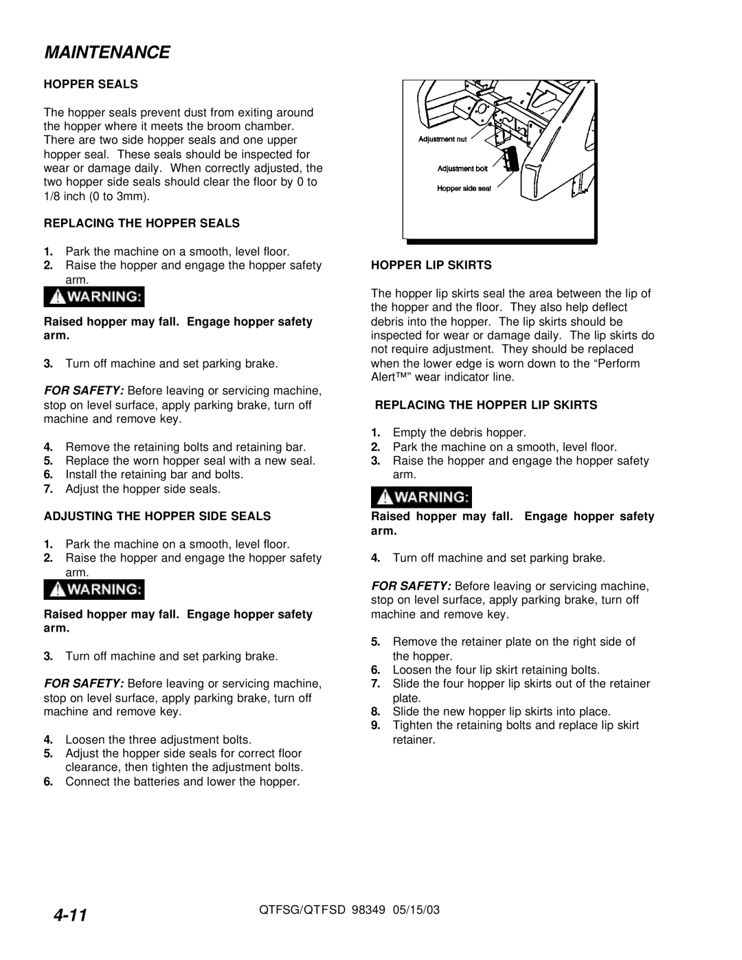 Windsor QTFSG, QTFSD manual Replacing the Hopper Seals, Adjusting the Hopper Side Seals, Hopper LIP Skirts 