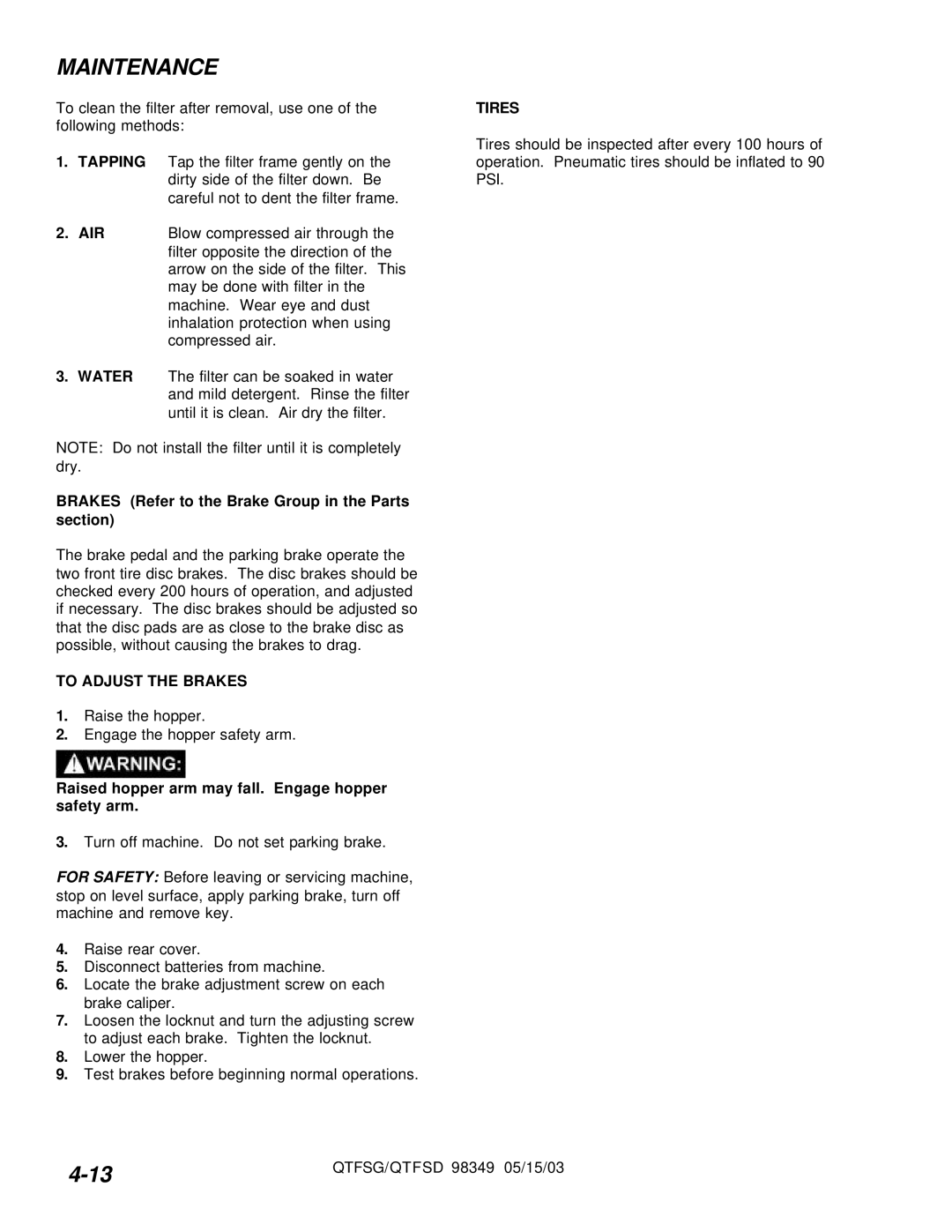 Windsor QTFSG, QTFSD manual Air, Brakes Refer to the Brake Group in the Parts section, To Adjust the Brakes, Tires 