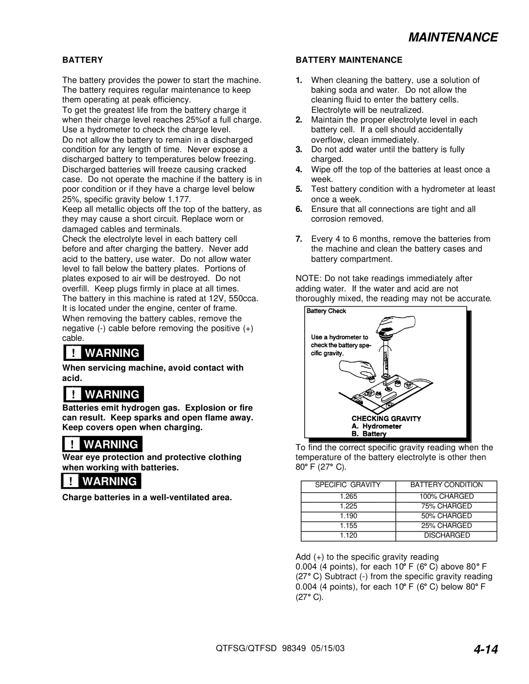 Windsor QTFSD, QTFSG manual Battery Maintenance 