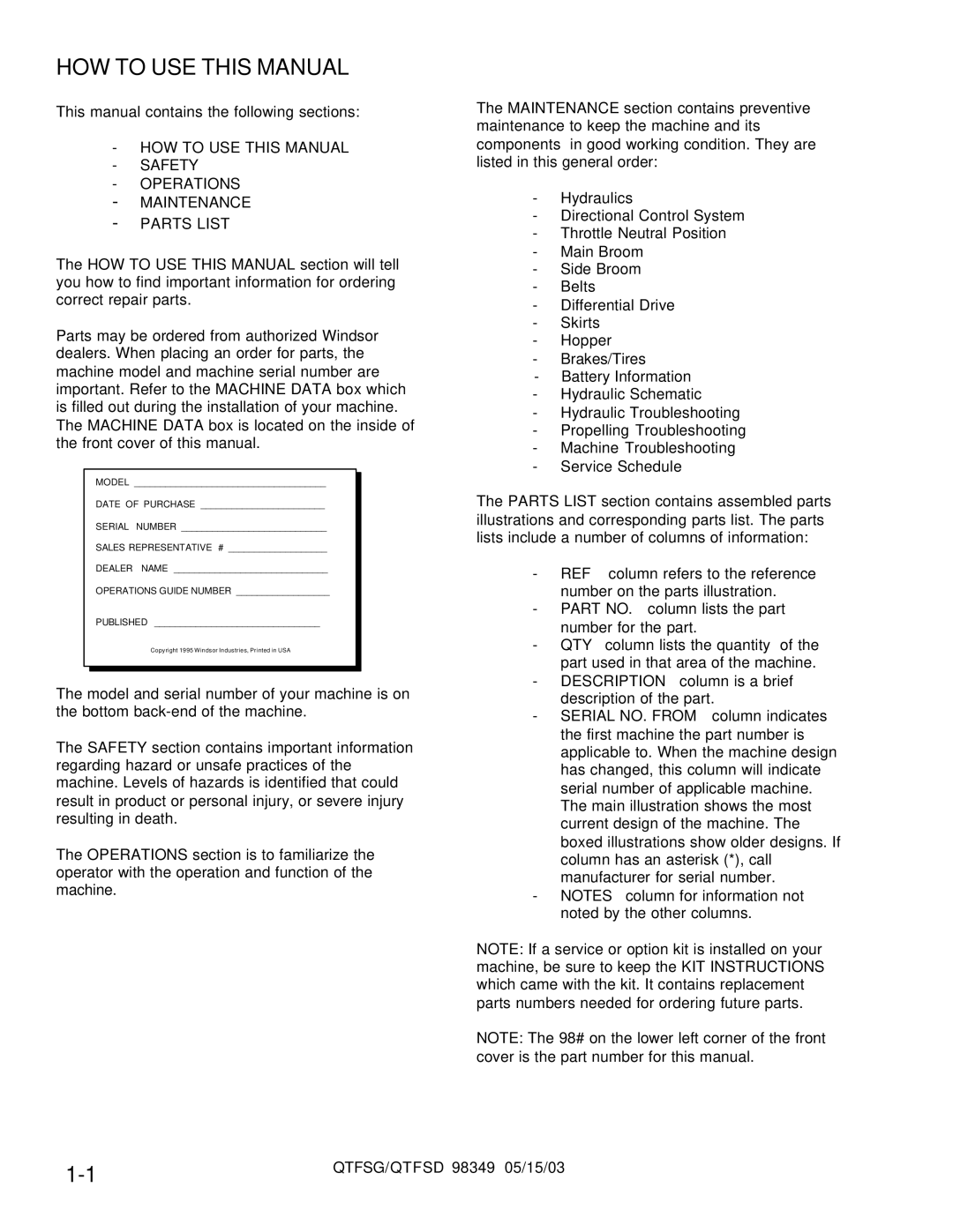 Windsor QTFSG, QTFSD manual HOW to USE this Manual, Model 