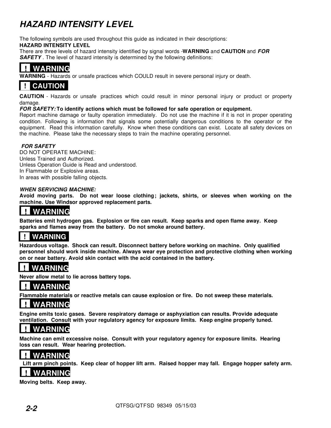 Windsor QTFSG, QTFSD manual Hazard Intensity Level 