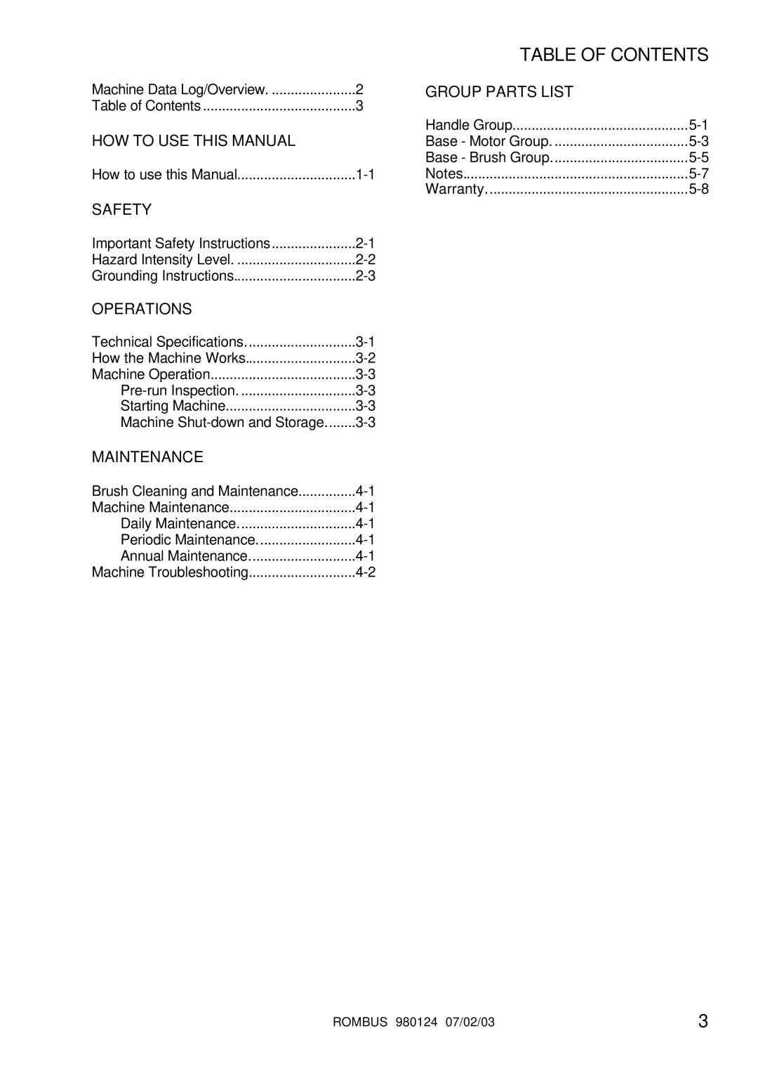 Windsor RMBS16, RMBS12 operating instructions Table of Contents 