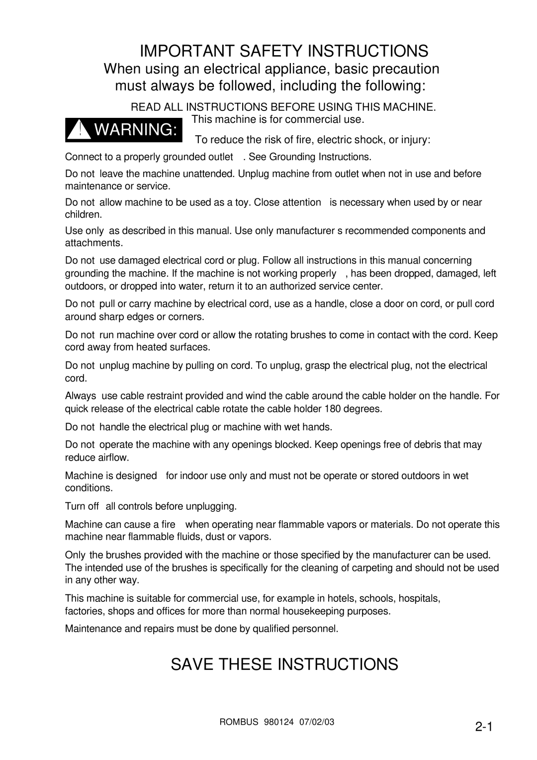 Windsor RMBS16, RMBS12 operating instructions Important Safety Instructions, Read ALL Instructions Before Using this Machine 