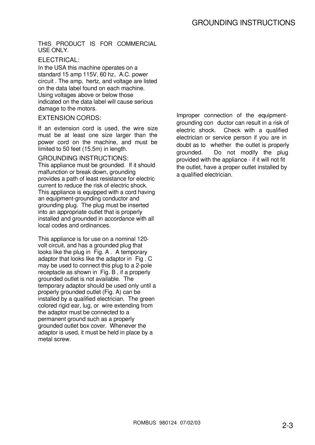 Windsor RMBS16, RMBS12 operating instructions Grounding Instructions, Electrical, Extension Cords 