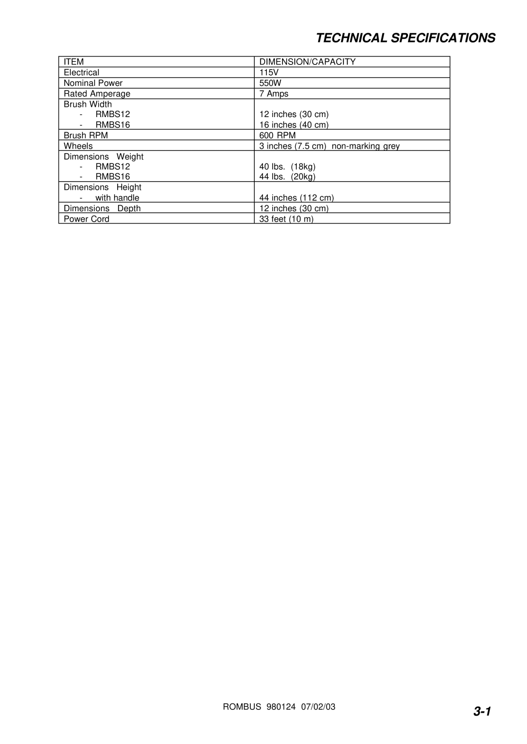 Windsor RMBS12, RMBS16 operating instructions Technical Specifications 